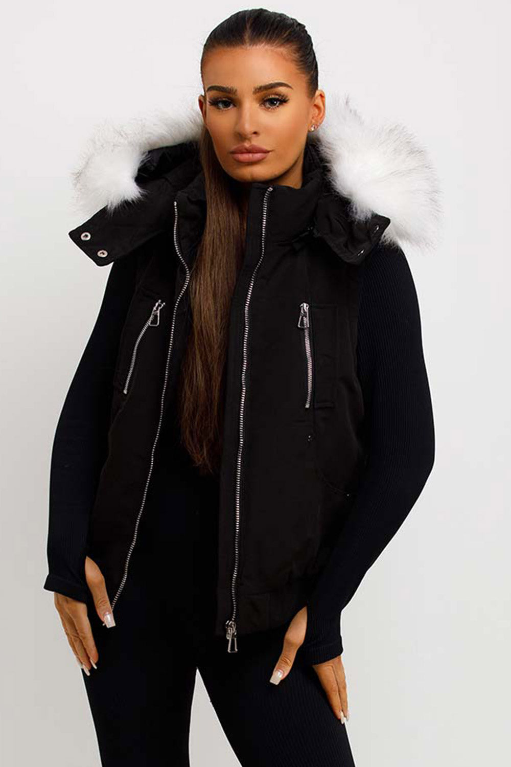 Black Gilet With Faux Fur Hood