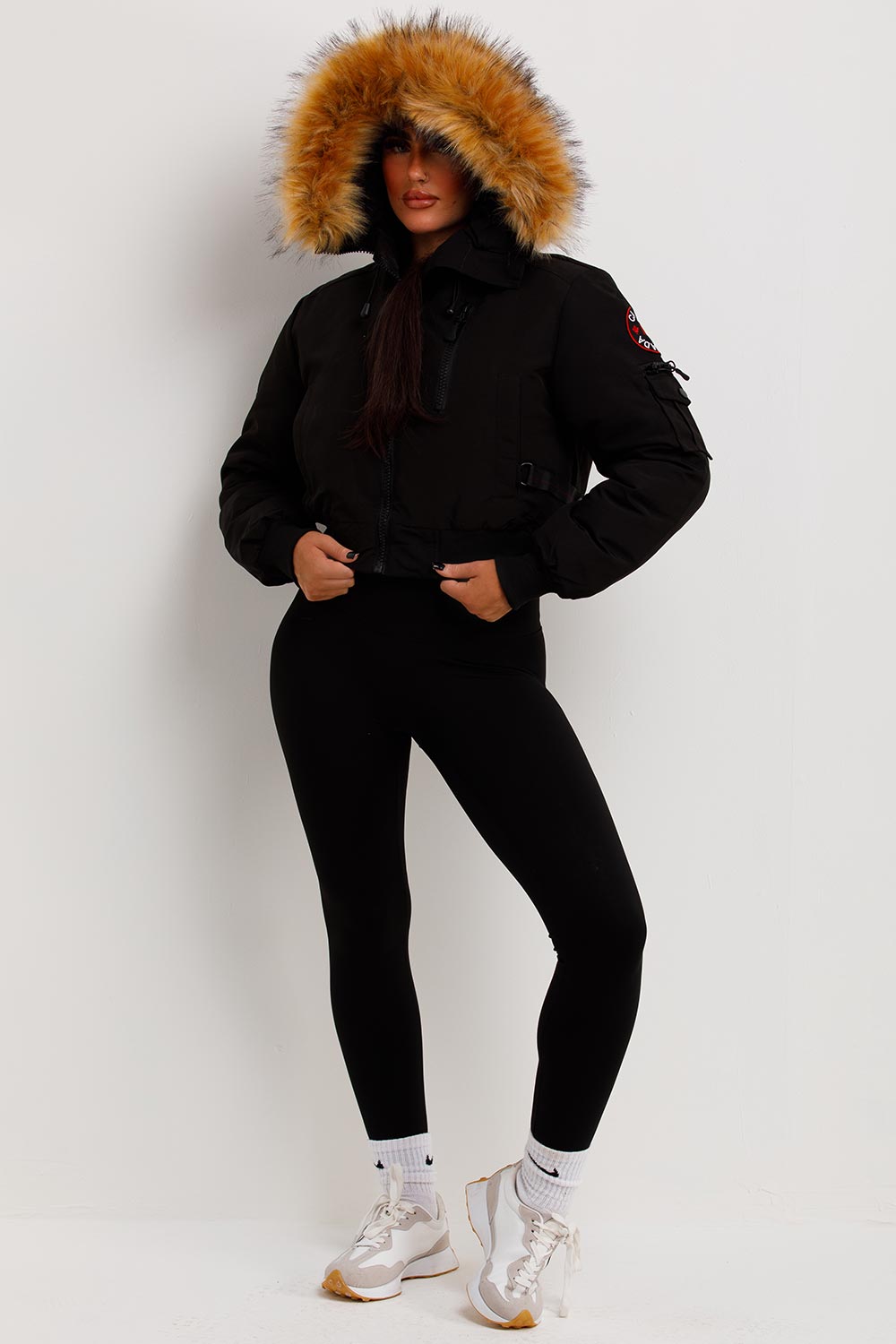 Canada Crop Bomber Jacket With Fur Hood Black