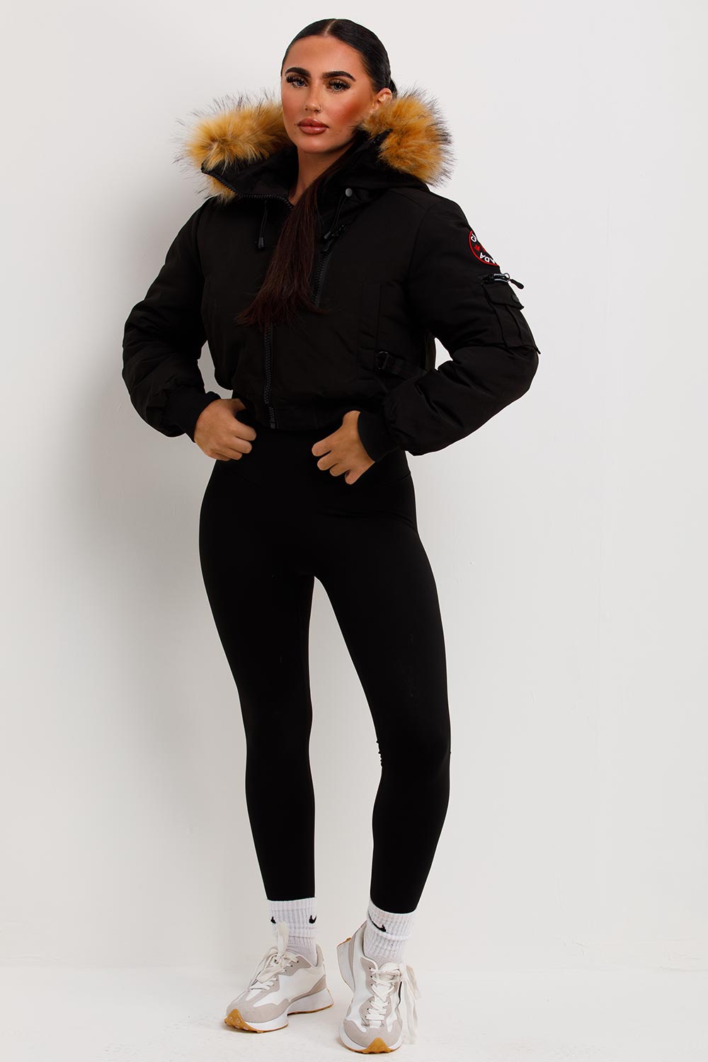 Canada Crop Bomber Jacket With Fur Hood Black