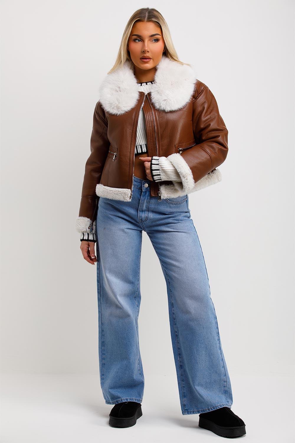 Crop Aviator Jacket With Fur Collar Brown