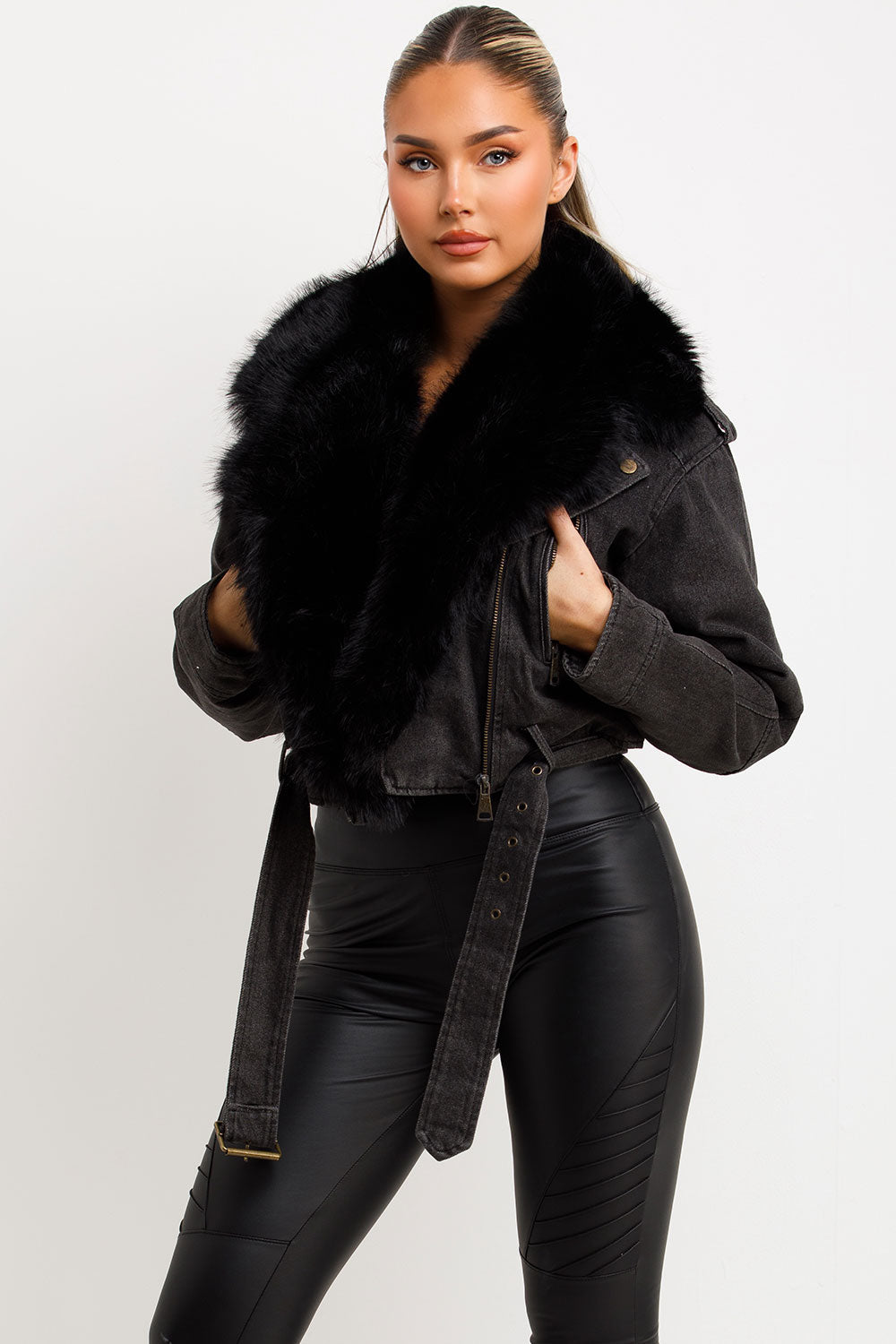 Denim Aviator Jacket With Faux Fur Collar Black