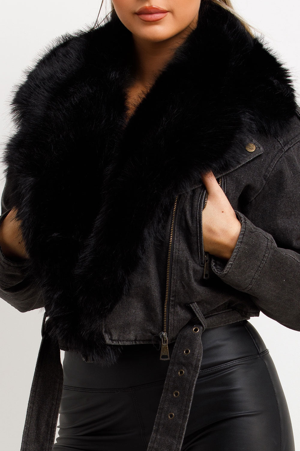 Denim Aviator Jacket With Faux Fur Collar Black