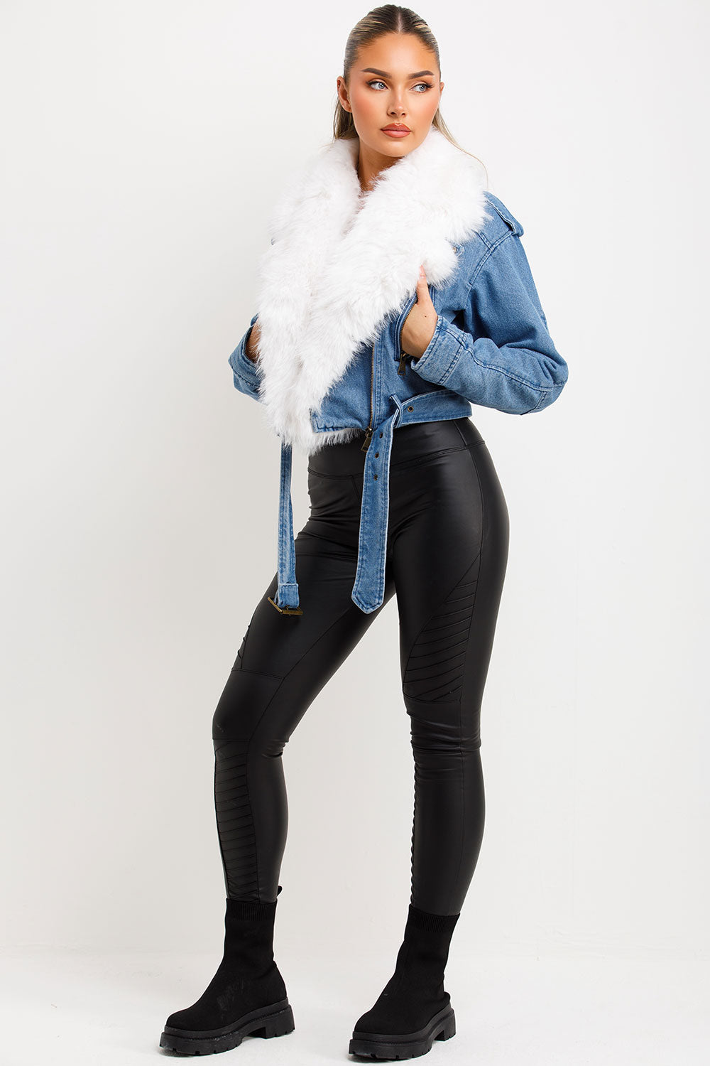 Denim Blue Aviator Jacket With Faux Fur Collar