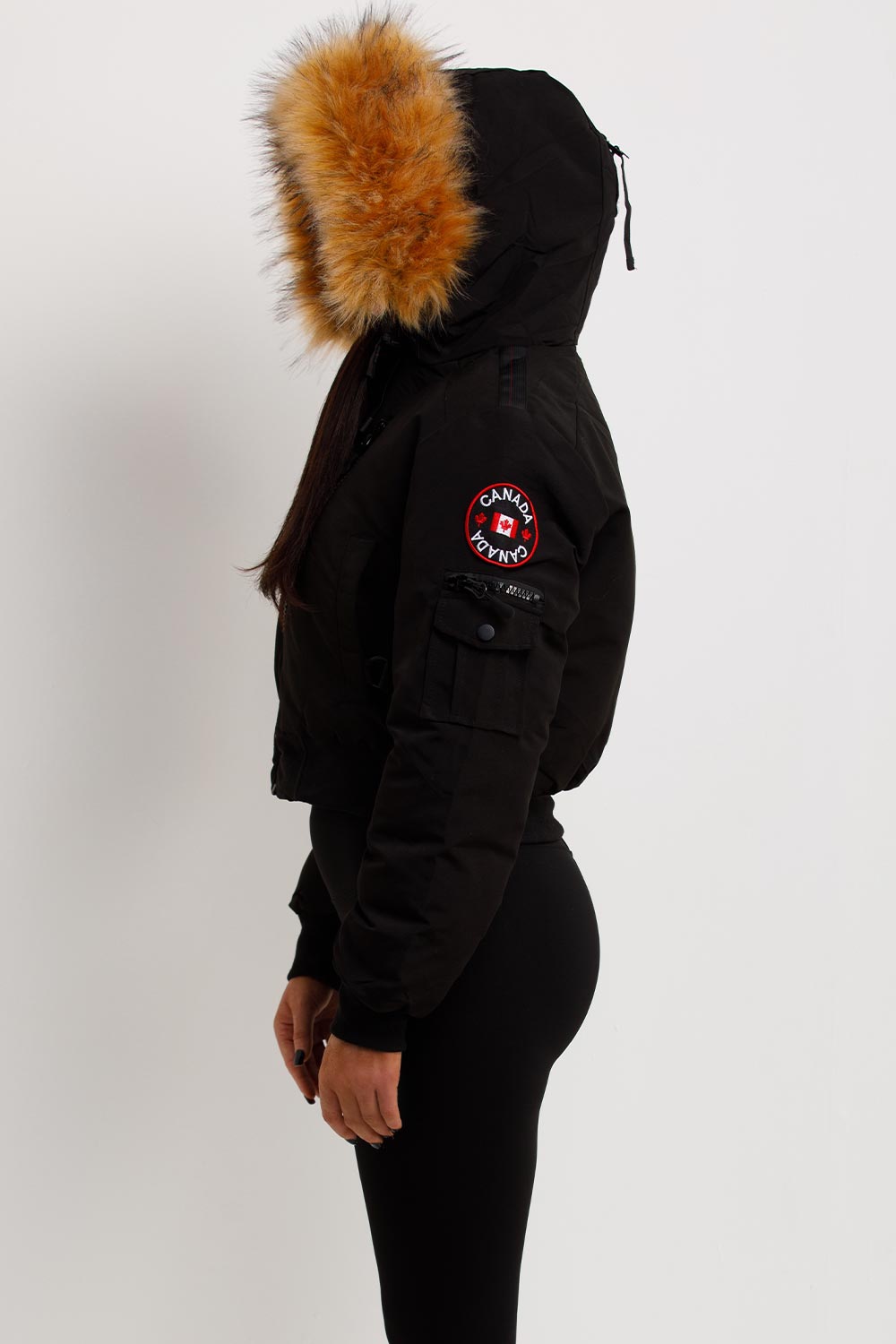 Canada Crop Bomber Jacket With Fur Hood Black