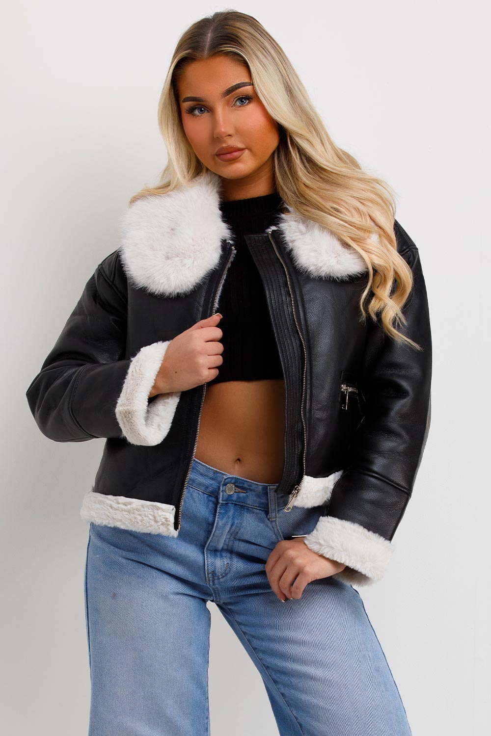 Crop Aviator Jacket With Fur Collar Black