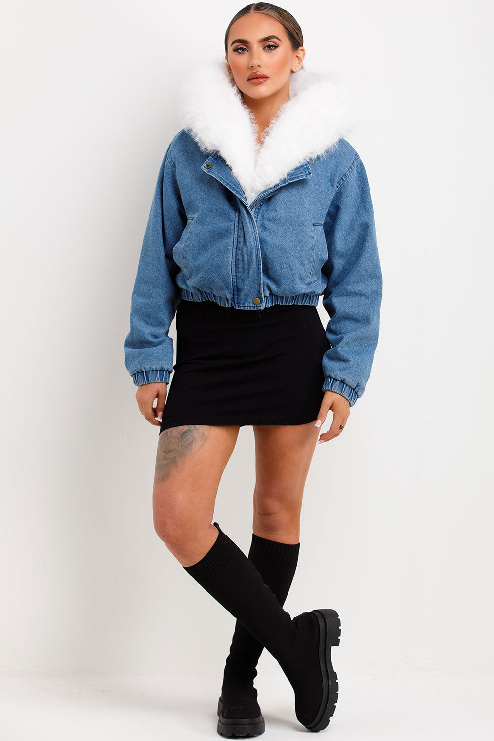 Denim Bomber Jacket With White Faux Fur Hood And Trim