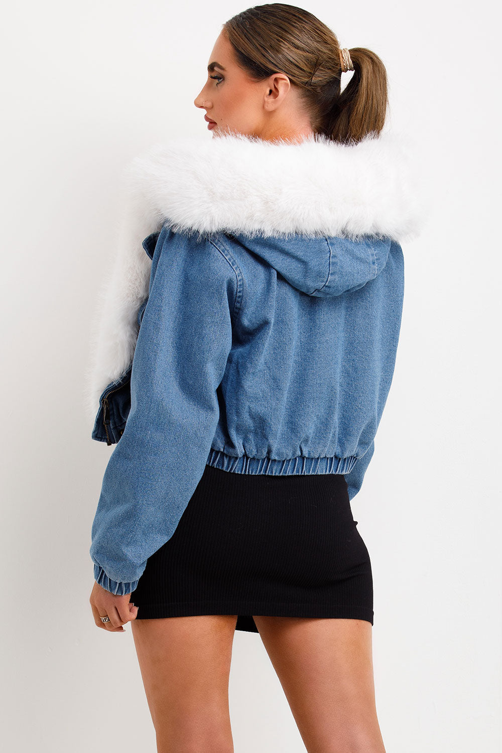 Denim Bomber Jacket With White Faux Fur Hood And Trim