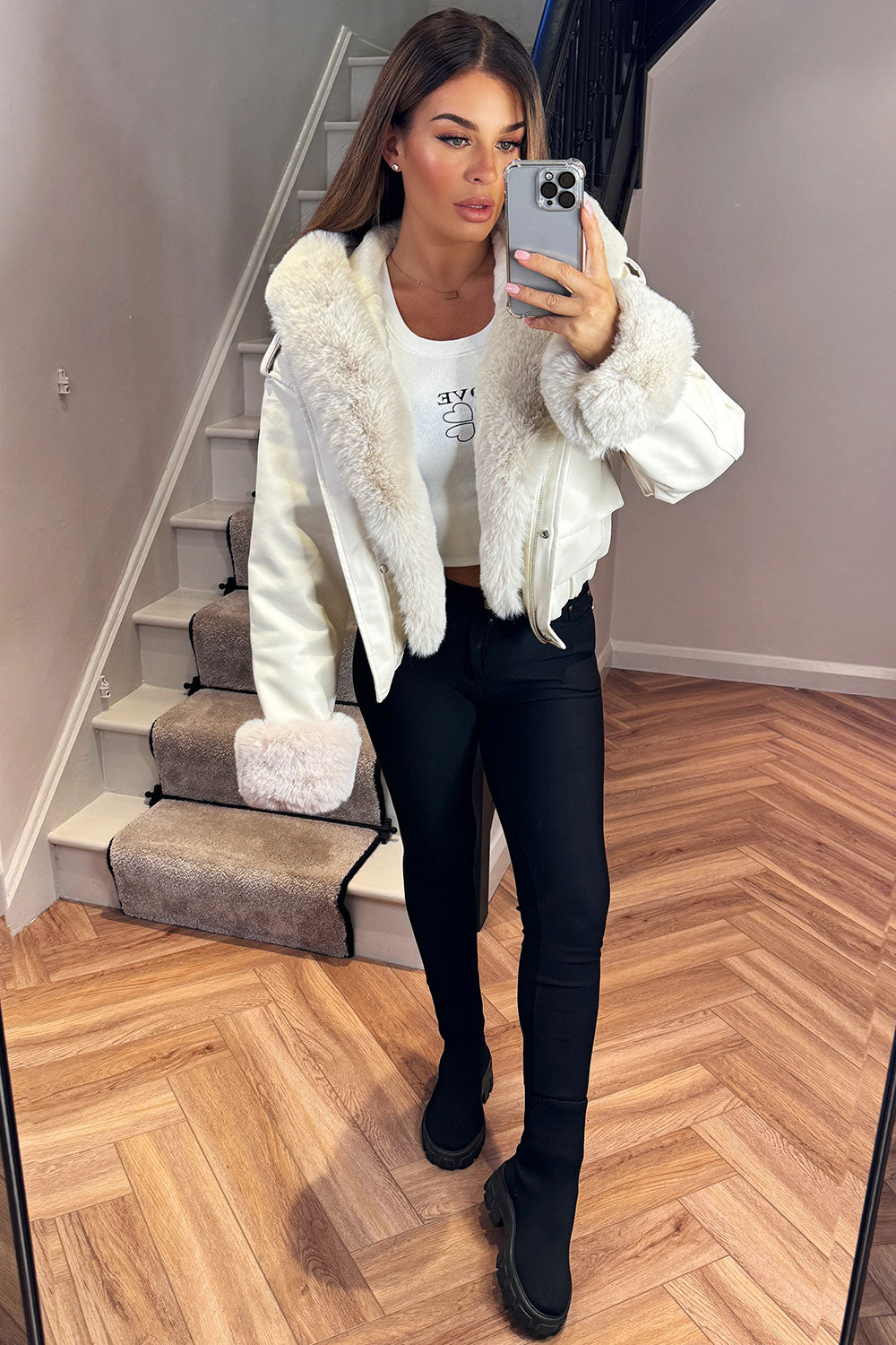 Faux Fur Bomber Jacket In Faux Leather Beige