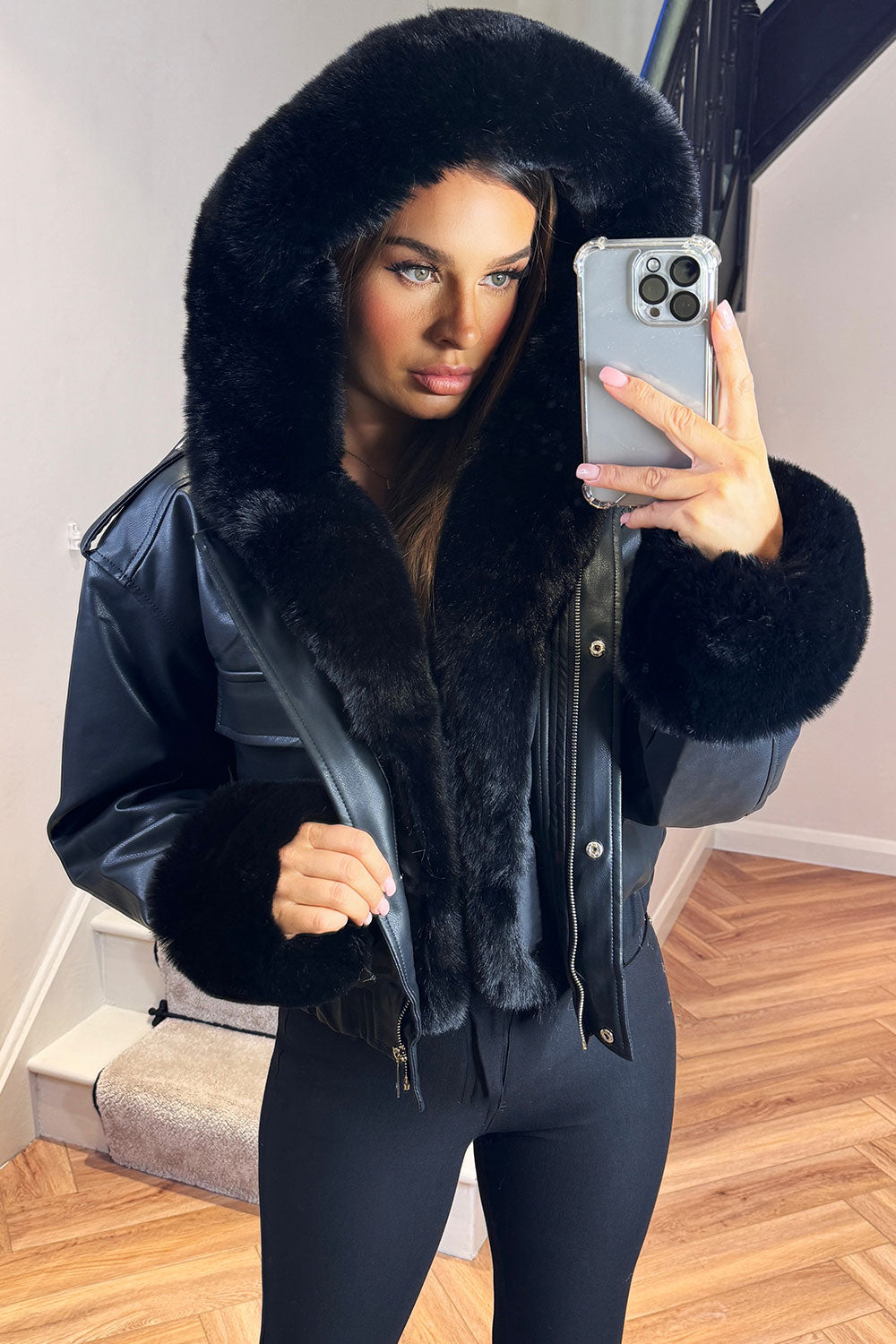 Faux Fur Bomber Jacket In Faux Leather Black