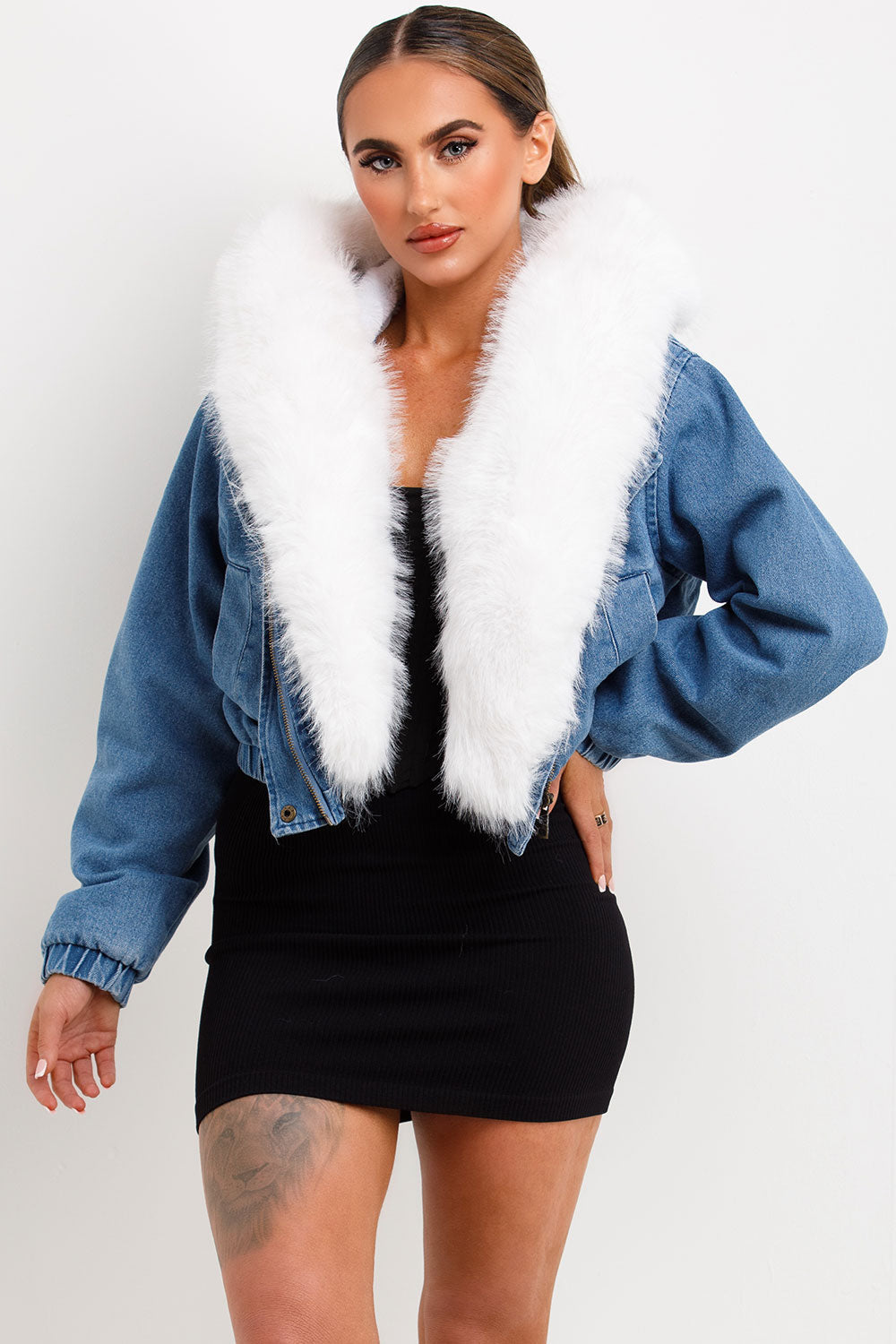 Denim Bomber Jacket With White Faux Fur Hood And Trim