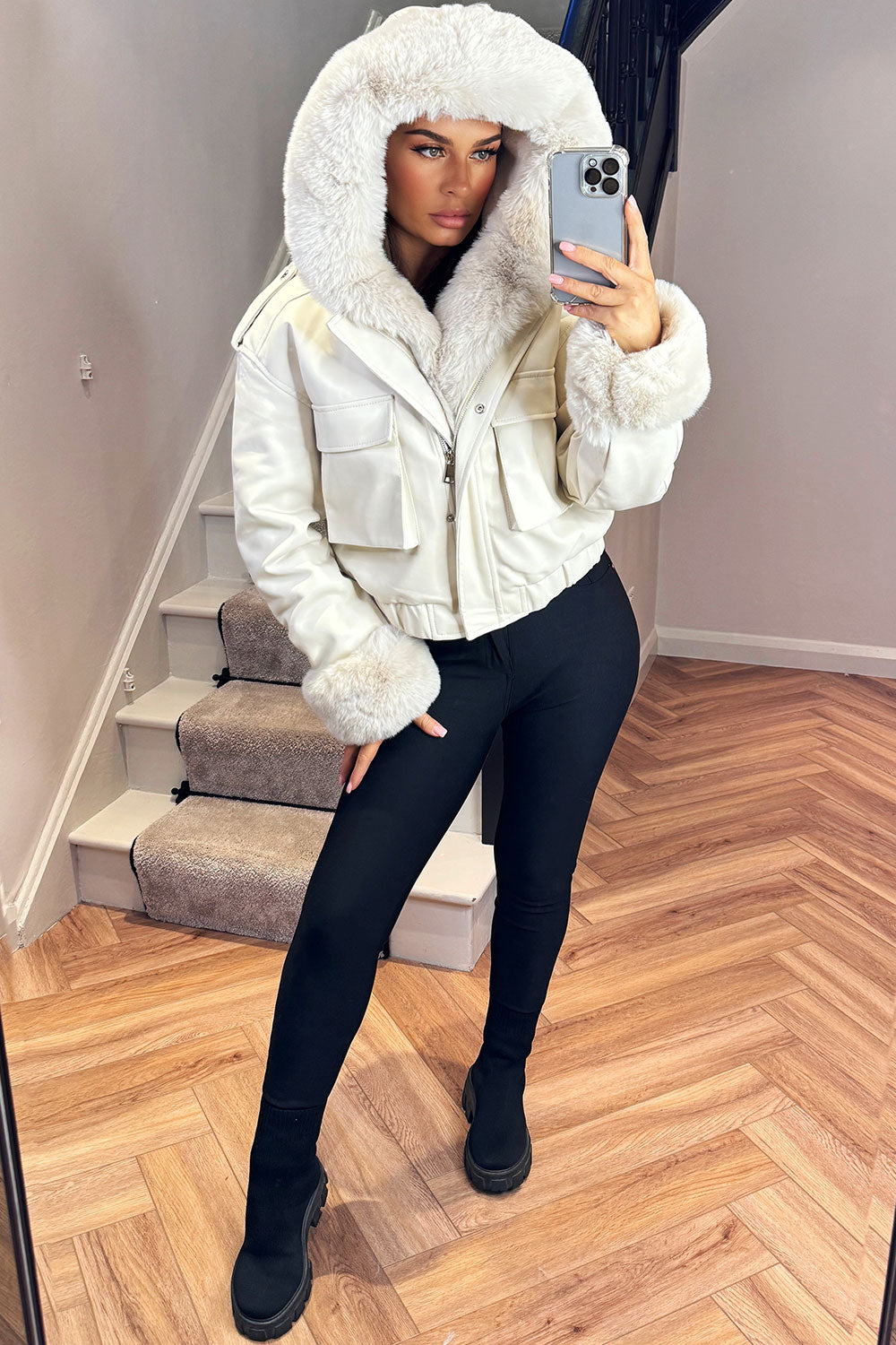 Faux Fur Bomber Jacket In Faux Leather Beige