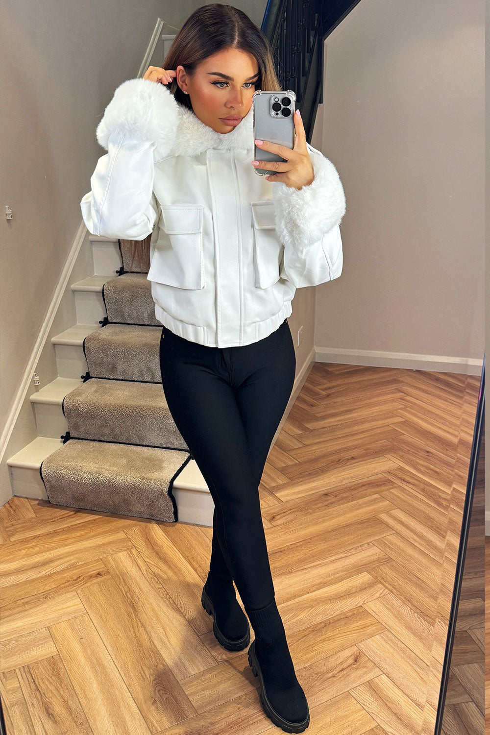 Faux Fur Bomber Jacket In Faux Leather White