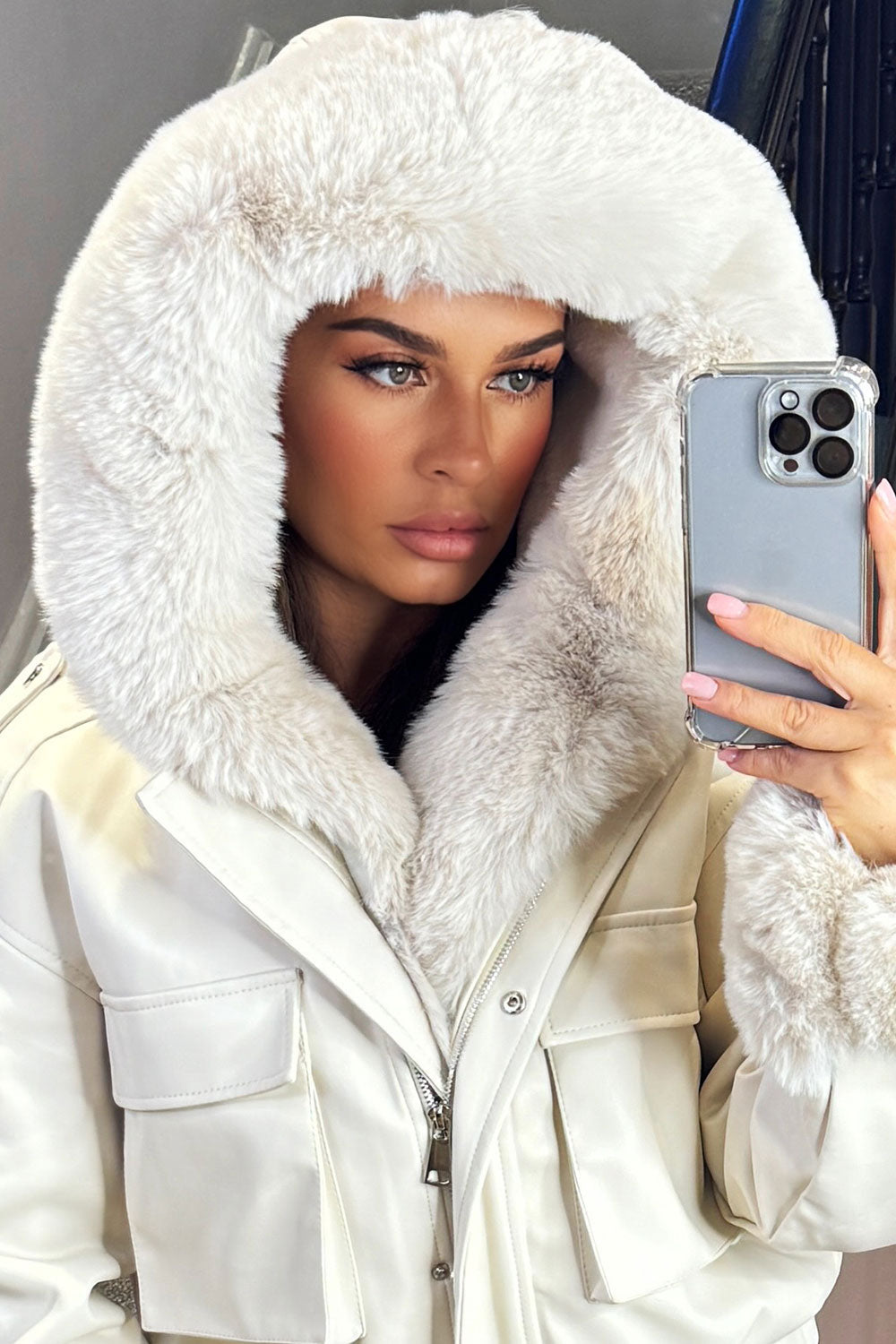 Faux Fur Bomber Jacket In Faux Leather Beige