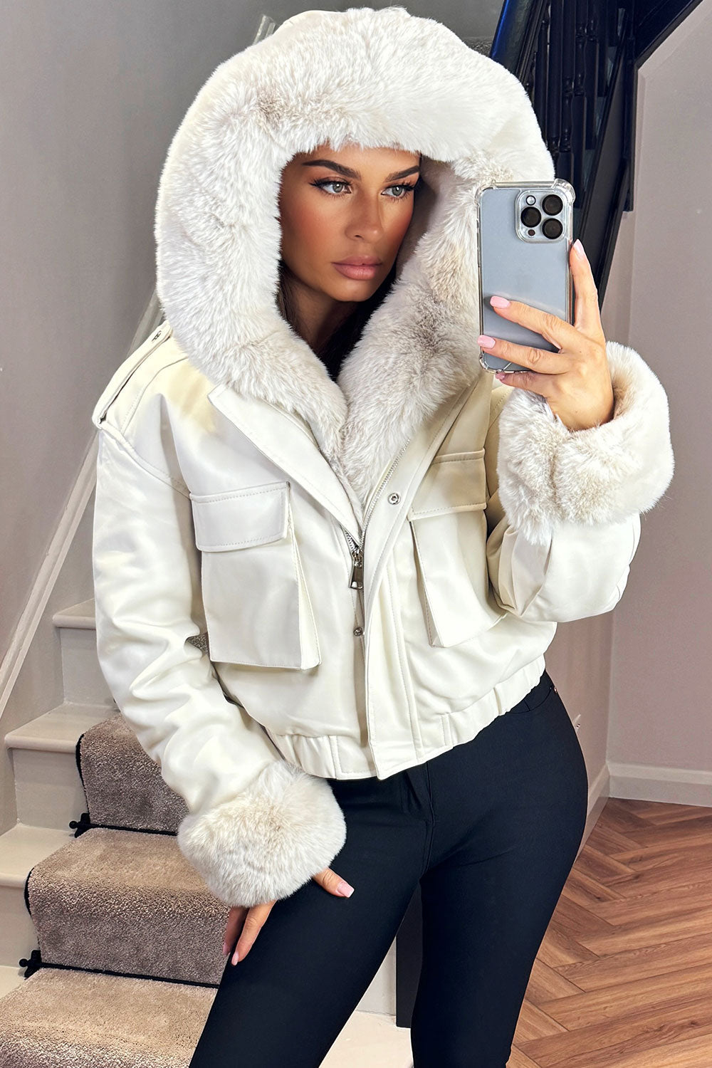 Faux Fur Bomber Jacket In Faux Leather Beige