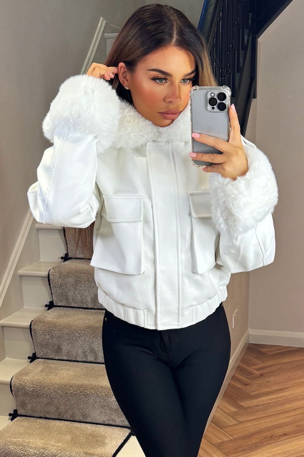 Faux Fur Bomber Jacket In Faux Leather White