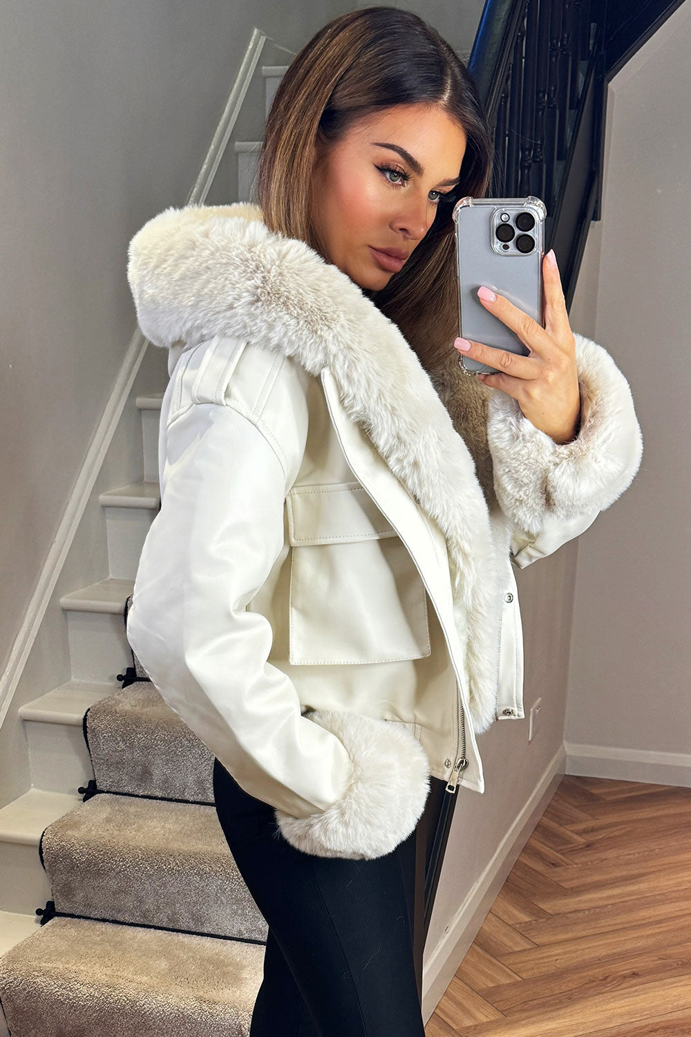 Faux Fur Bomber Jacket In Faux Leather Beige