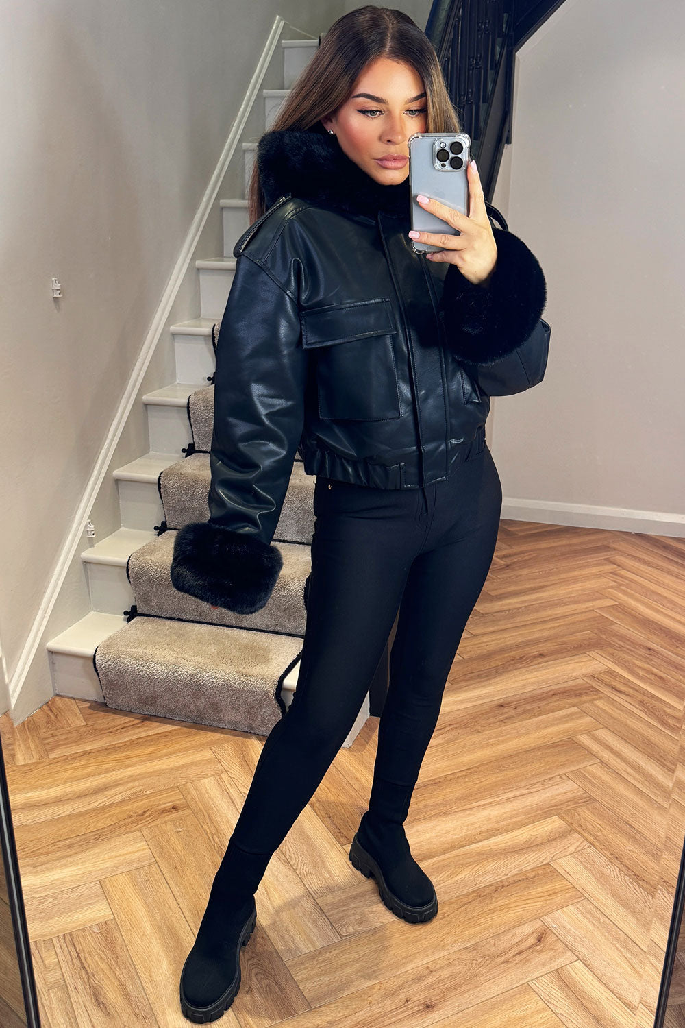 Faux Fur Bomber Jacket In Faux Leather Black