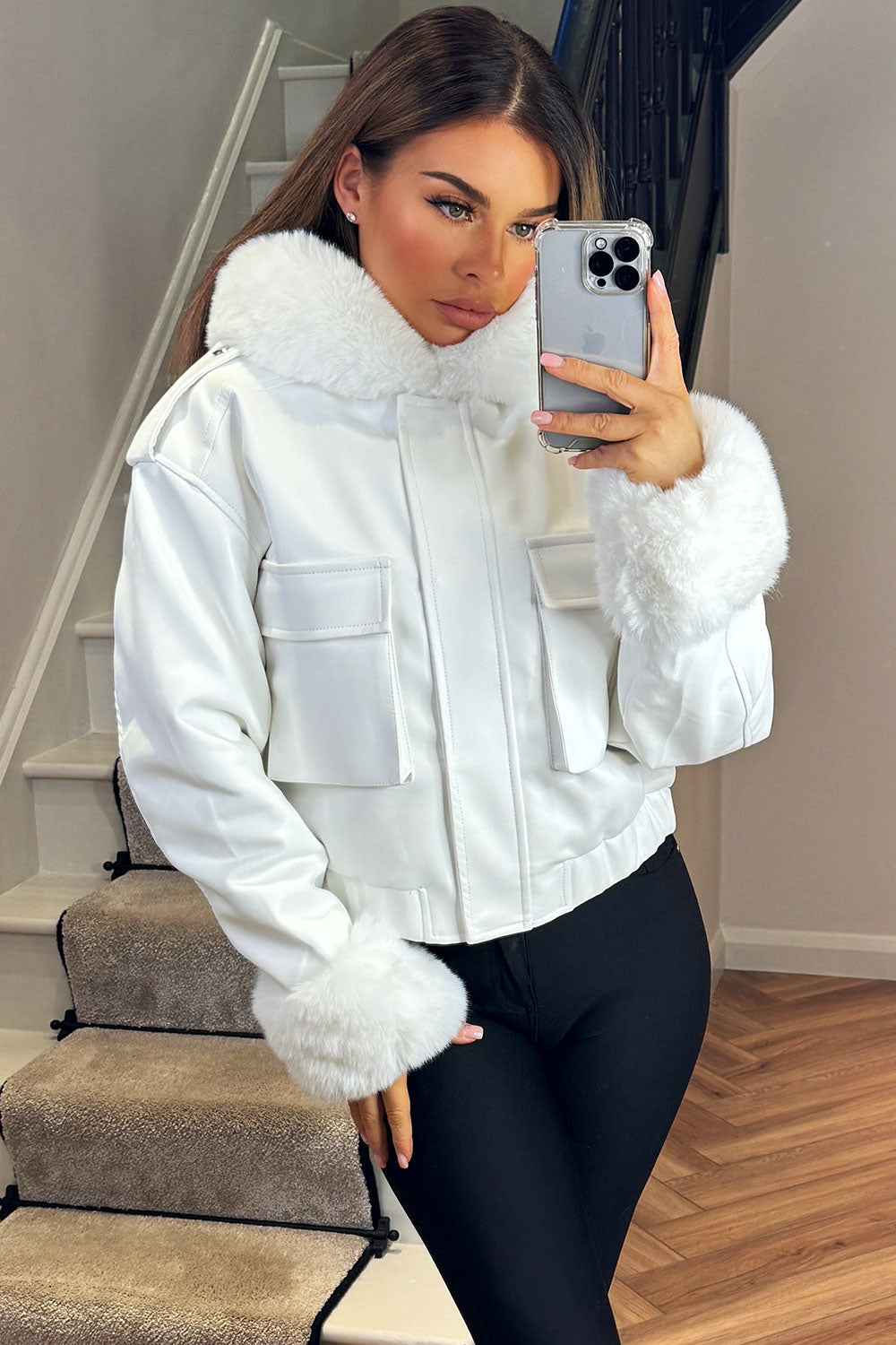 Faux Fur Bomber Jacket In Faux Leather White