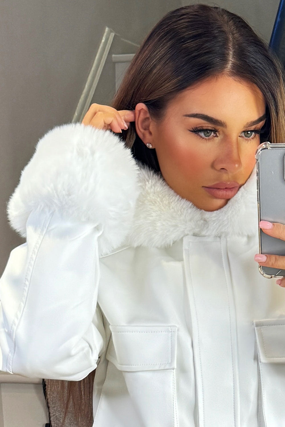 Faux Fur Bomber Jacket In Faux Leather White