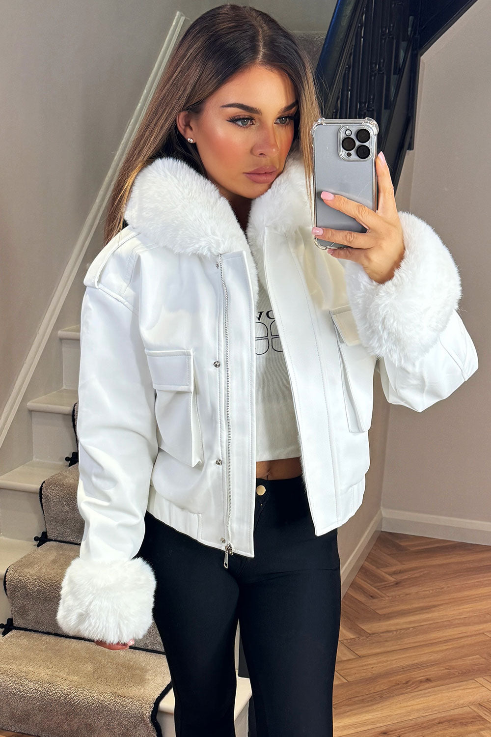 Faux Fur Bomber Jacket In Faux Leather White