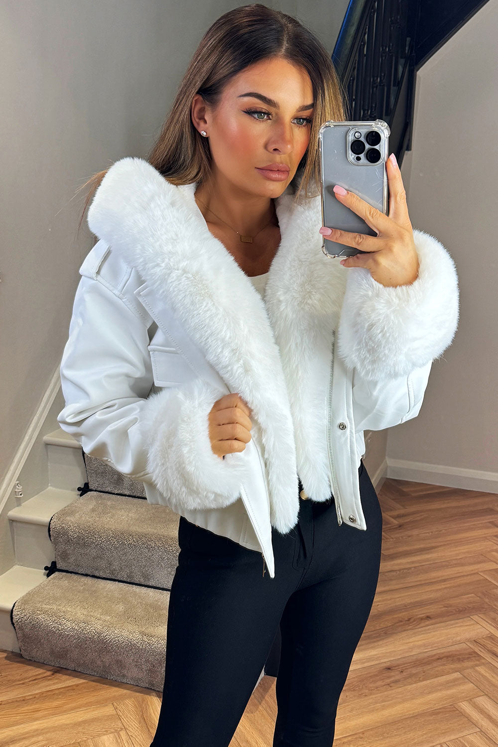 Faux Fur Bomber Jacket In Faux Leather White