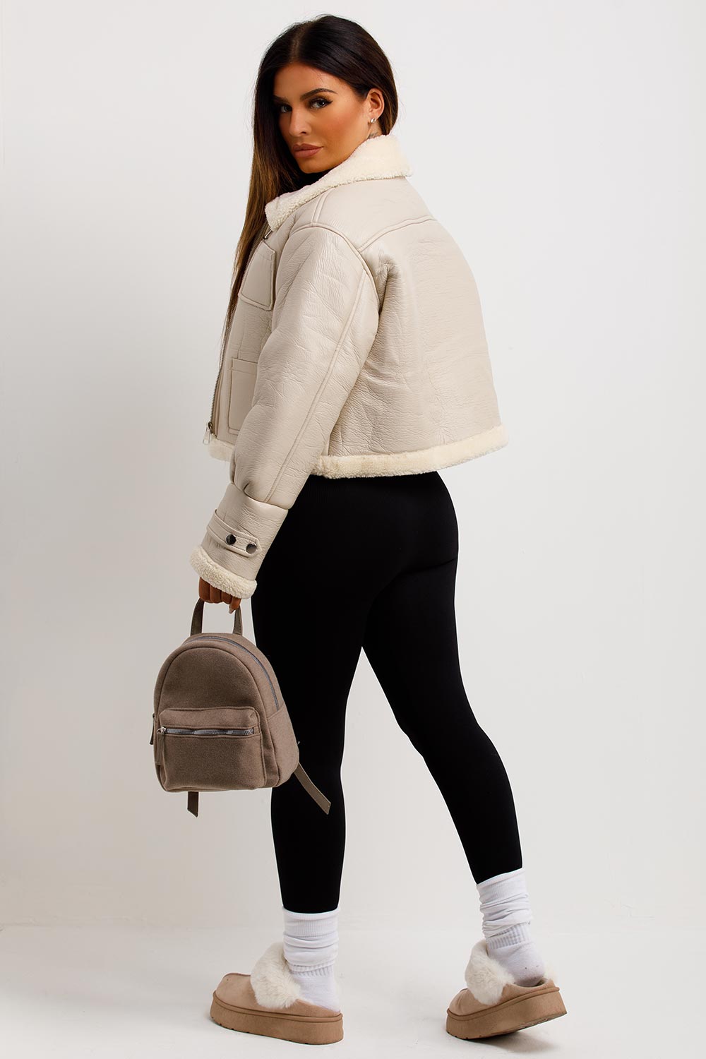 Crop Aviator Jacket Beige