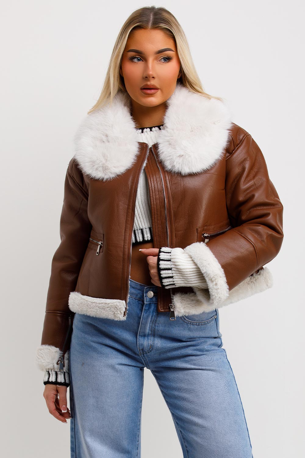 Crop Aviator Jacket With Fur Collar Brown