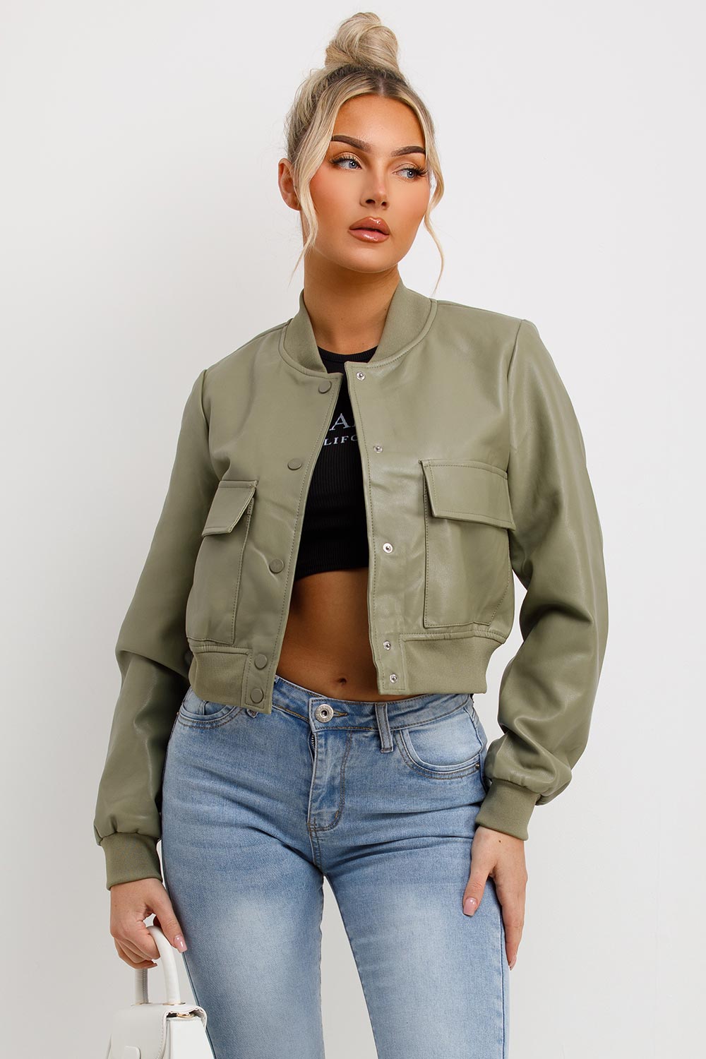 Faux Leather Bomber Jacket Khaki