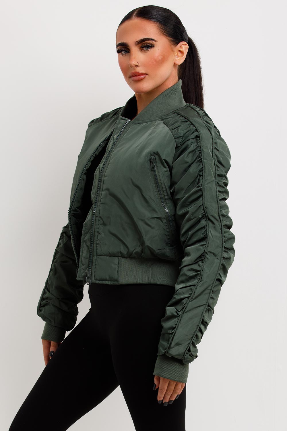 Bomber Jacket With Ruched Sleeves Khaki