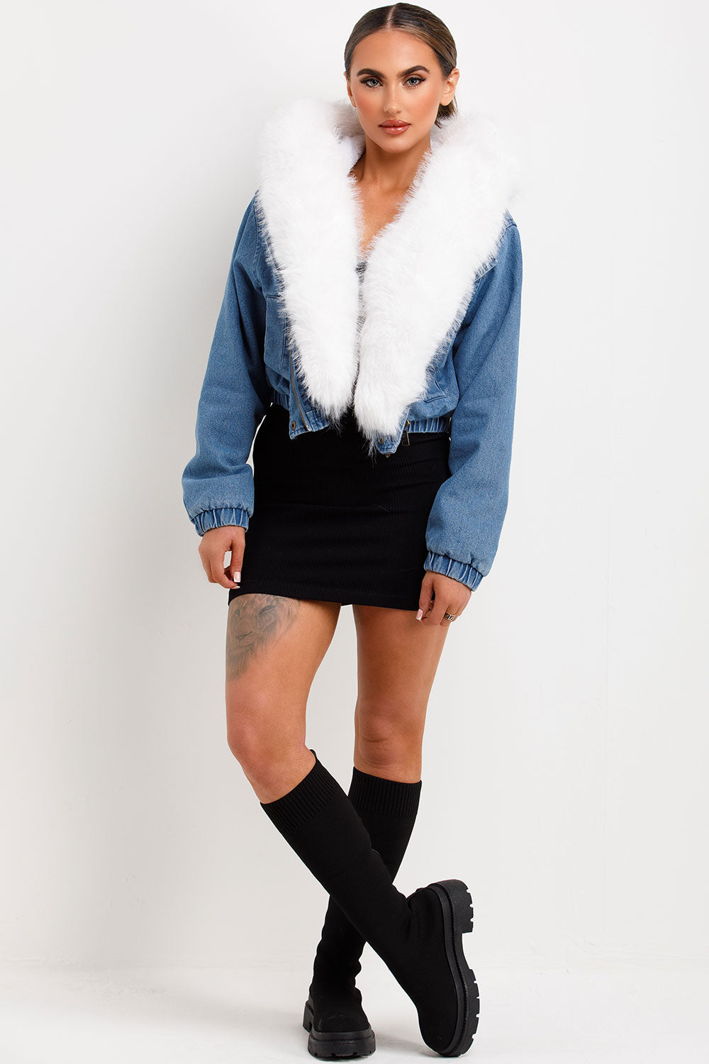 Denim Bomber Jacket With White Faux Fur Hood And Trim