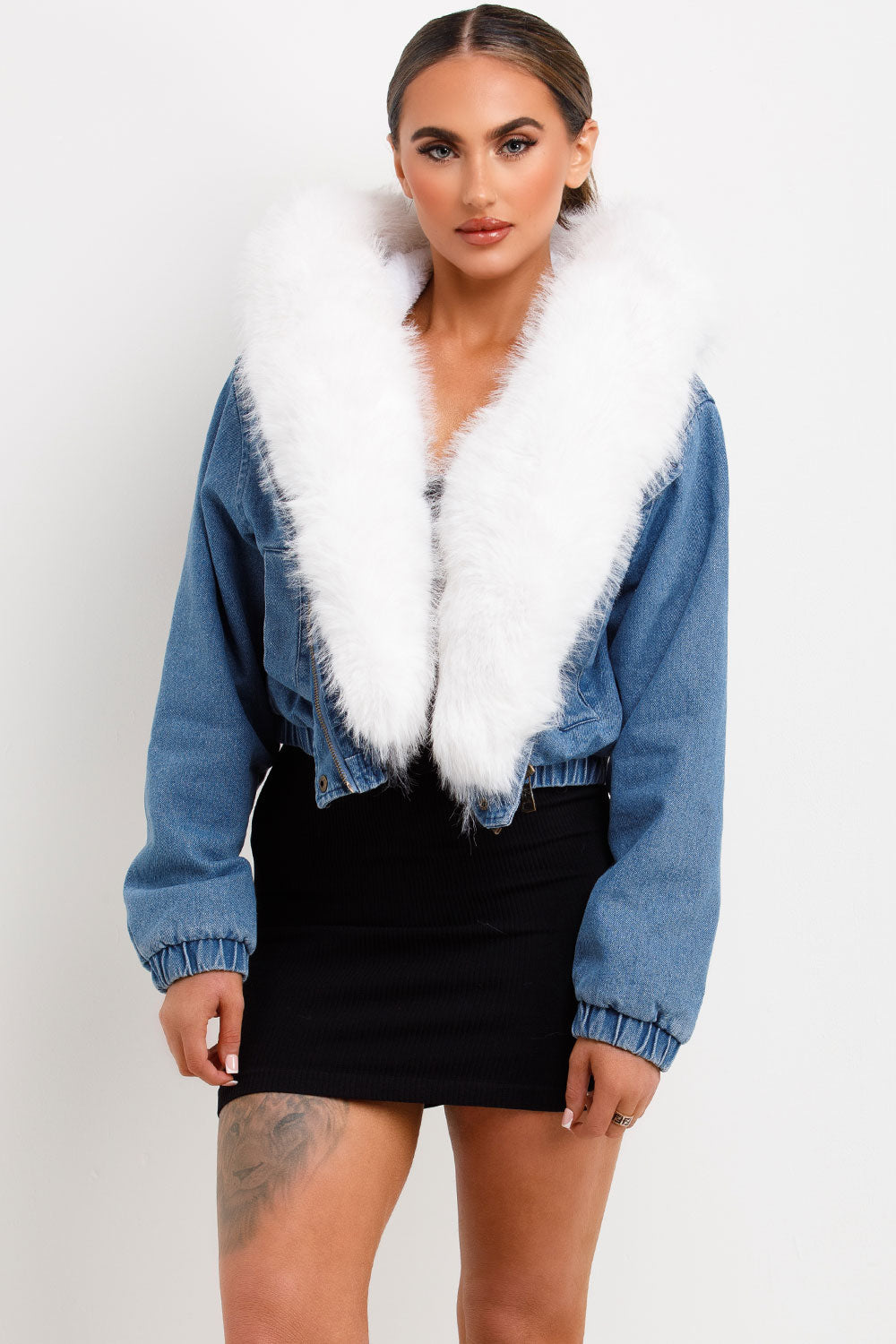 Denim Bomber Jacket With White Faux Fur Hood And Trim