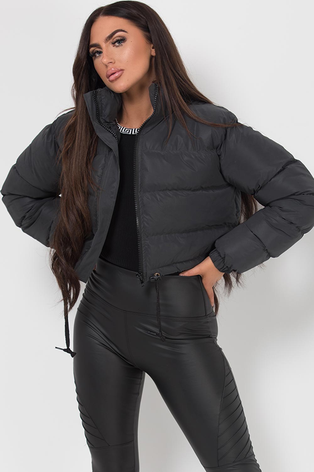 Crop Puffer Jacket Black Reflective