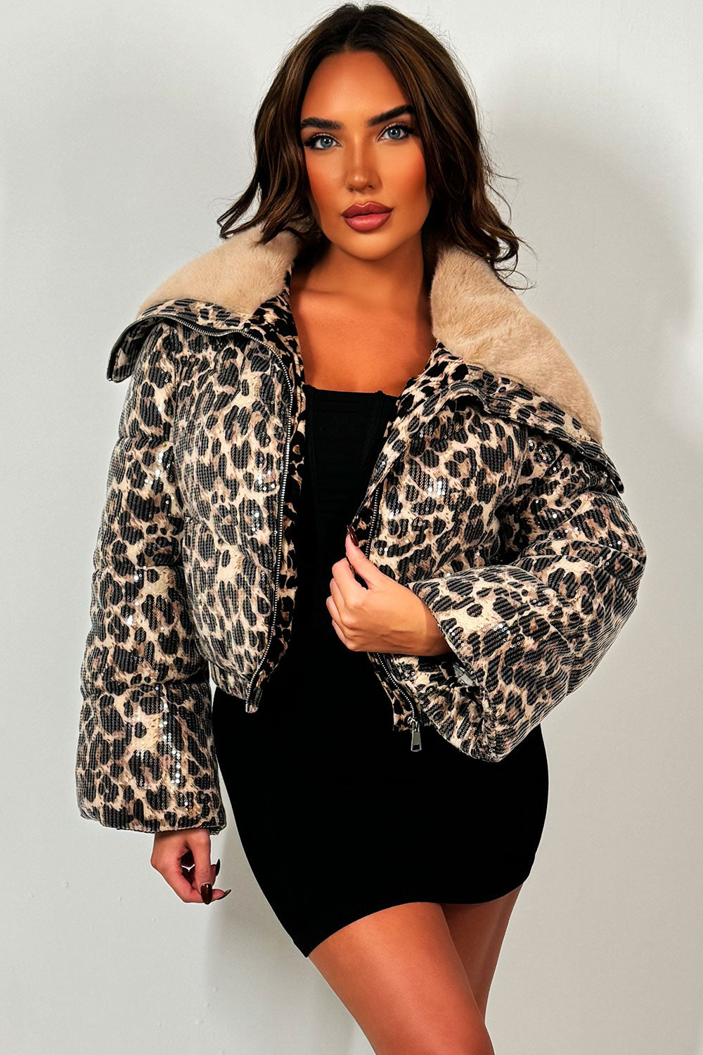 Faux Fur Collar Leopard Print Puffer Jacket With Sequin Detail