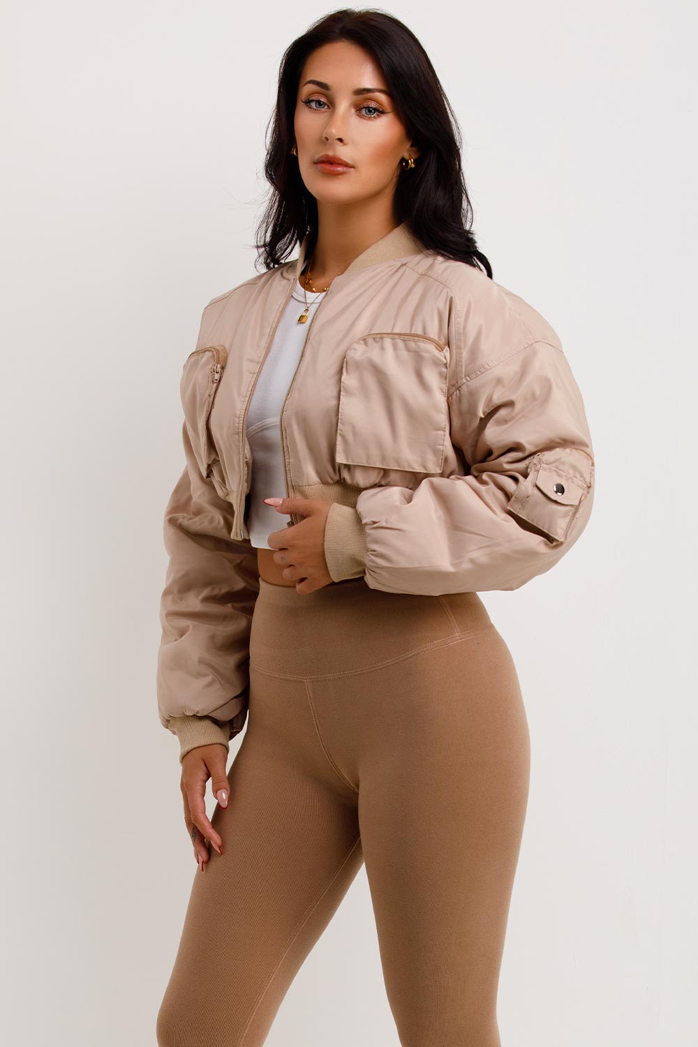 Crop Bomber Jacket With Pockets Beige