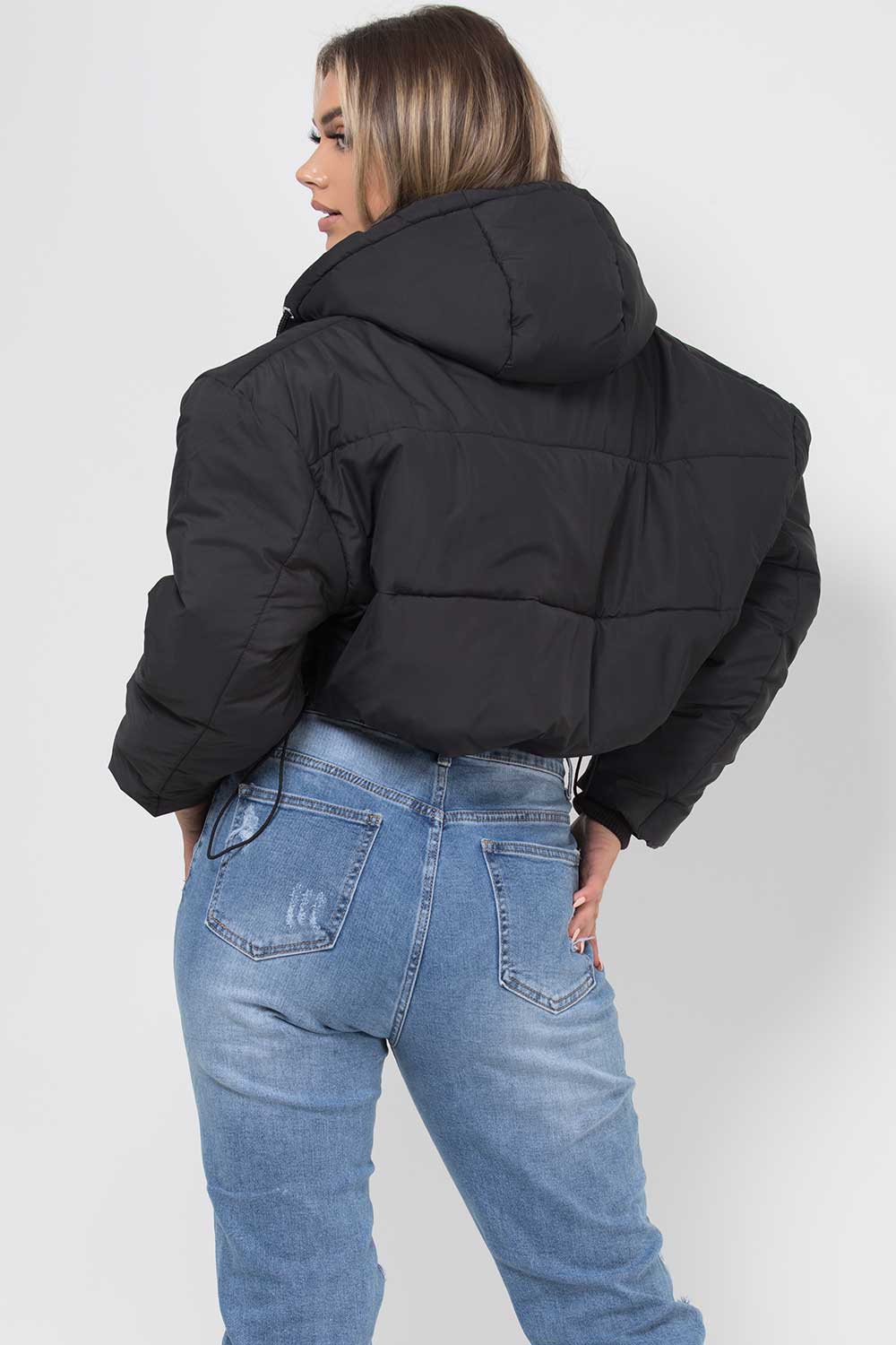 Black Crop Puffer Jacket With Hood