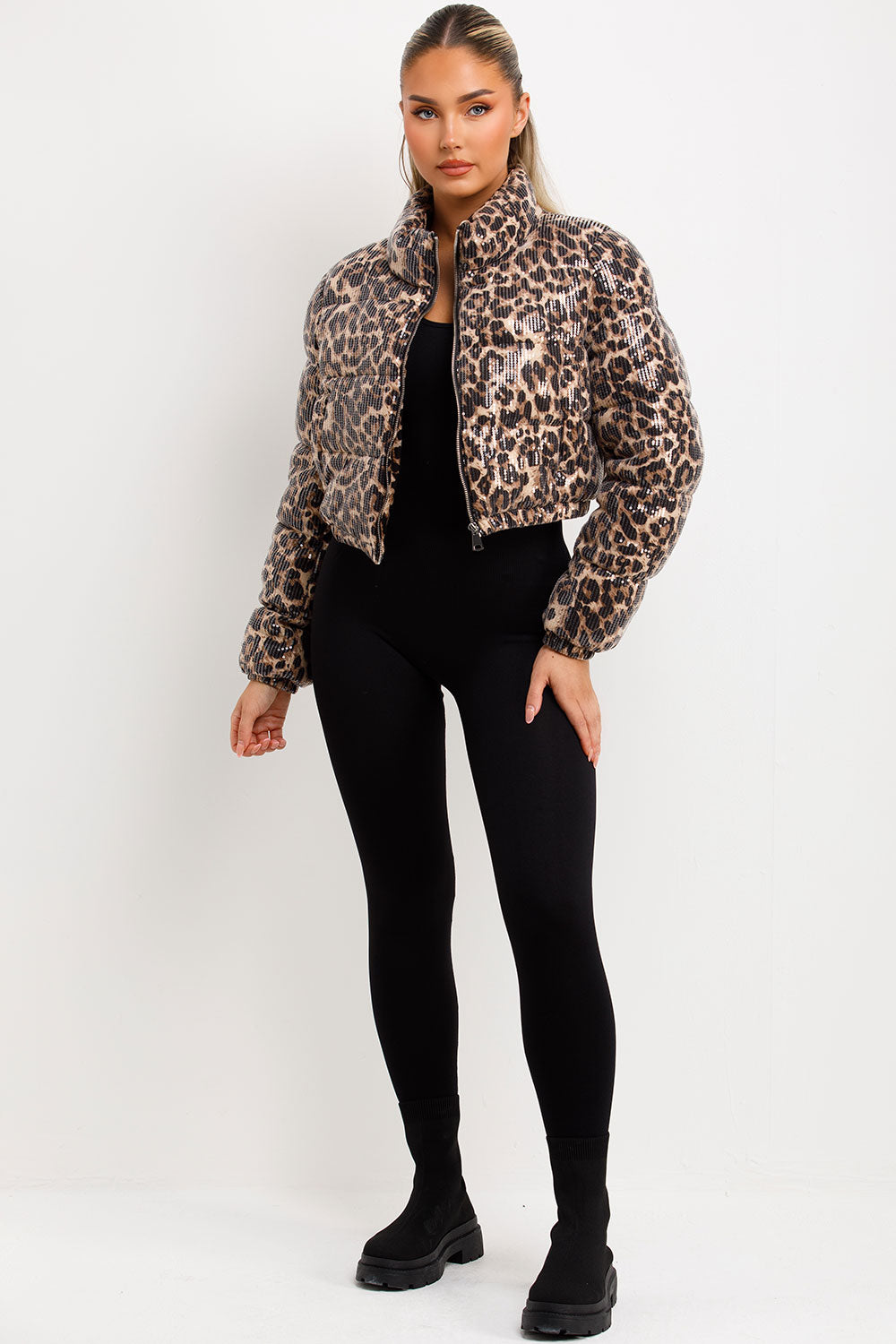 Leopard Print Crop Puffer Jacket Sequin Detail