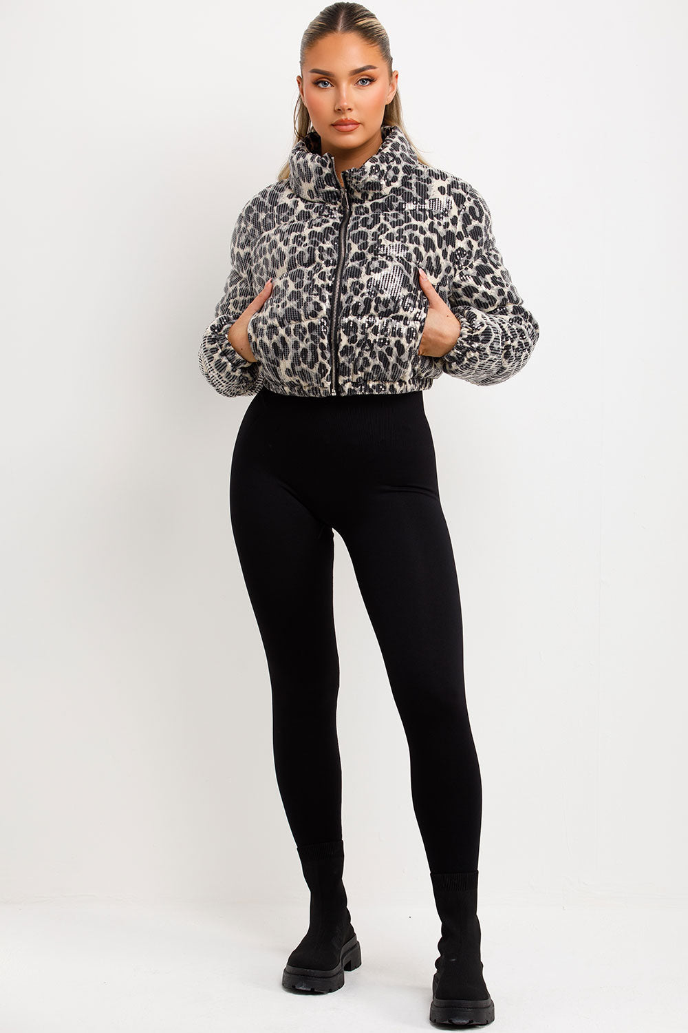 White Leopard Print Crop Puffer Jacket Sequin Detail