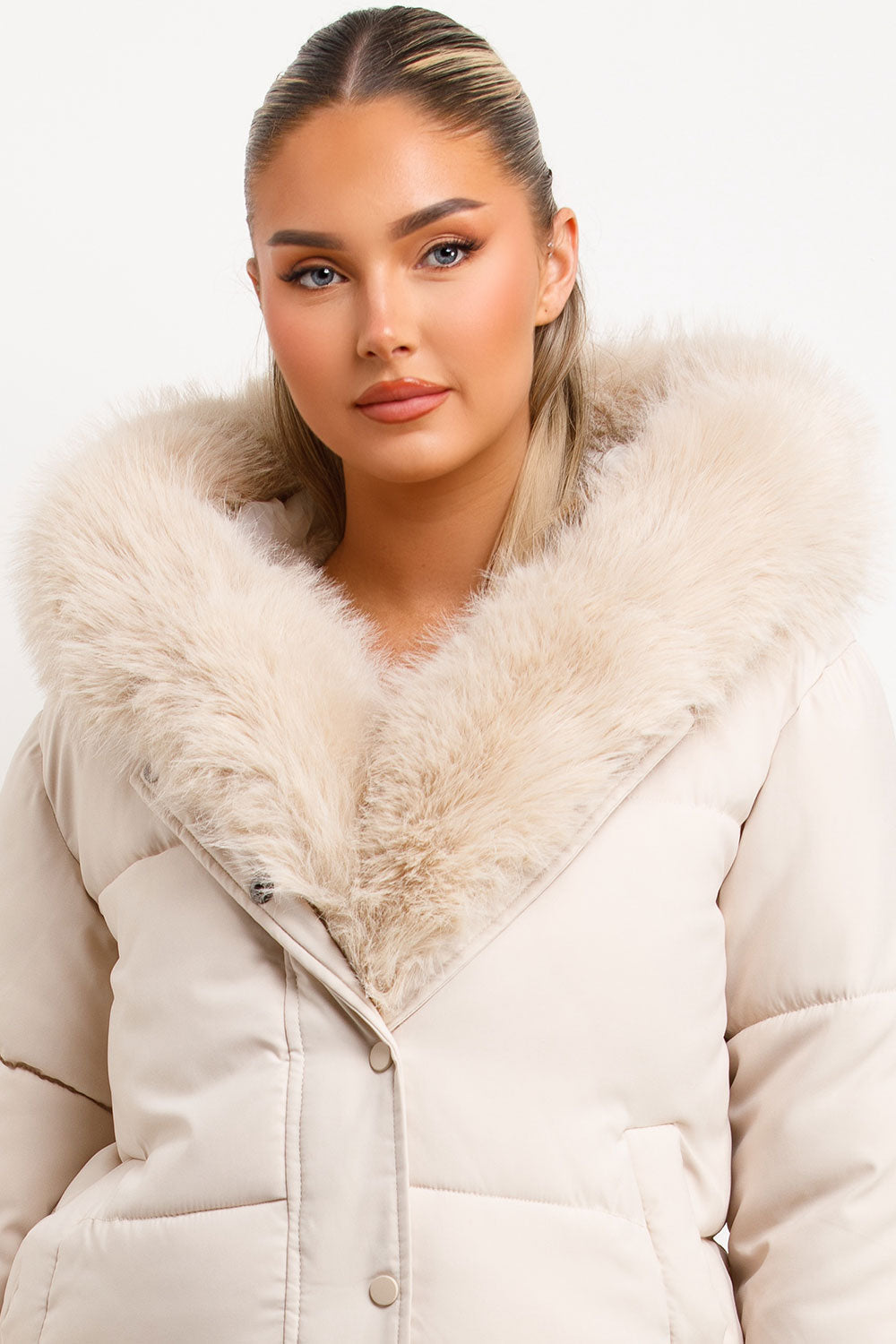 Bomber Jacket With Fur Hood And Trim Beige