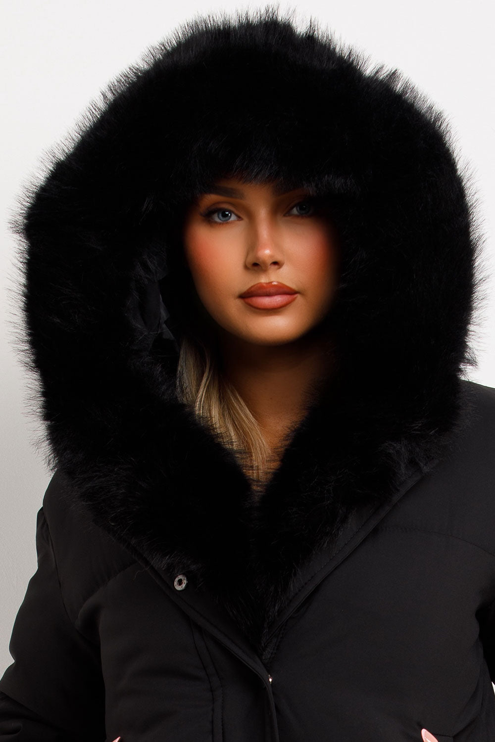 Bomber Jacket With Fur Hood And Trim Black