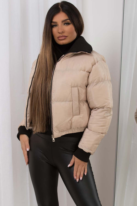 Cropped Puffer Jacket With Rib Collar Beige