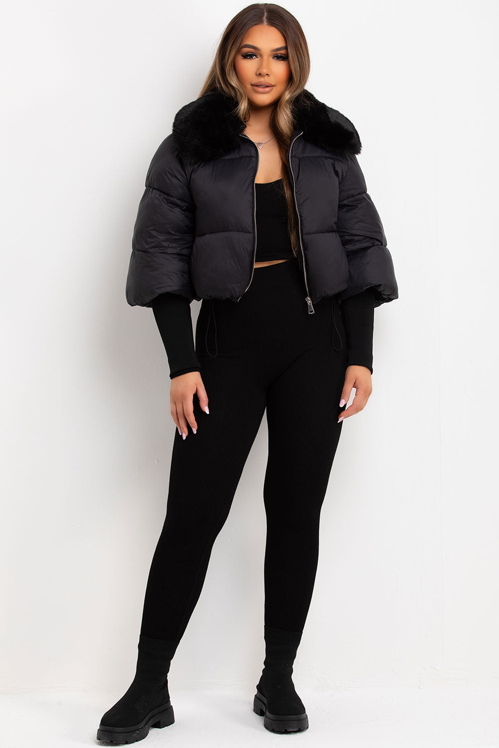 Faux Fur Collar Puffer Jacket Black