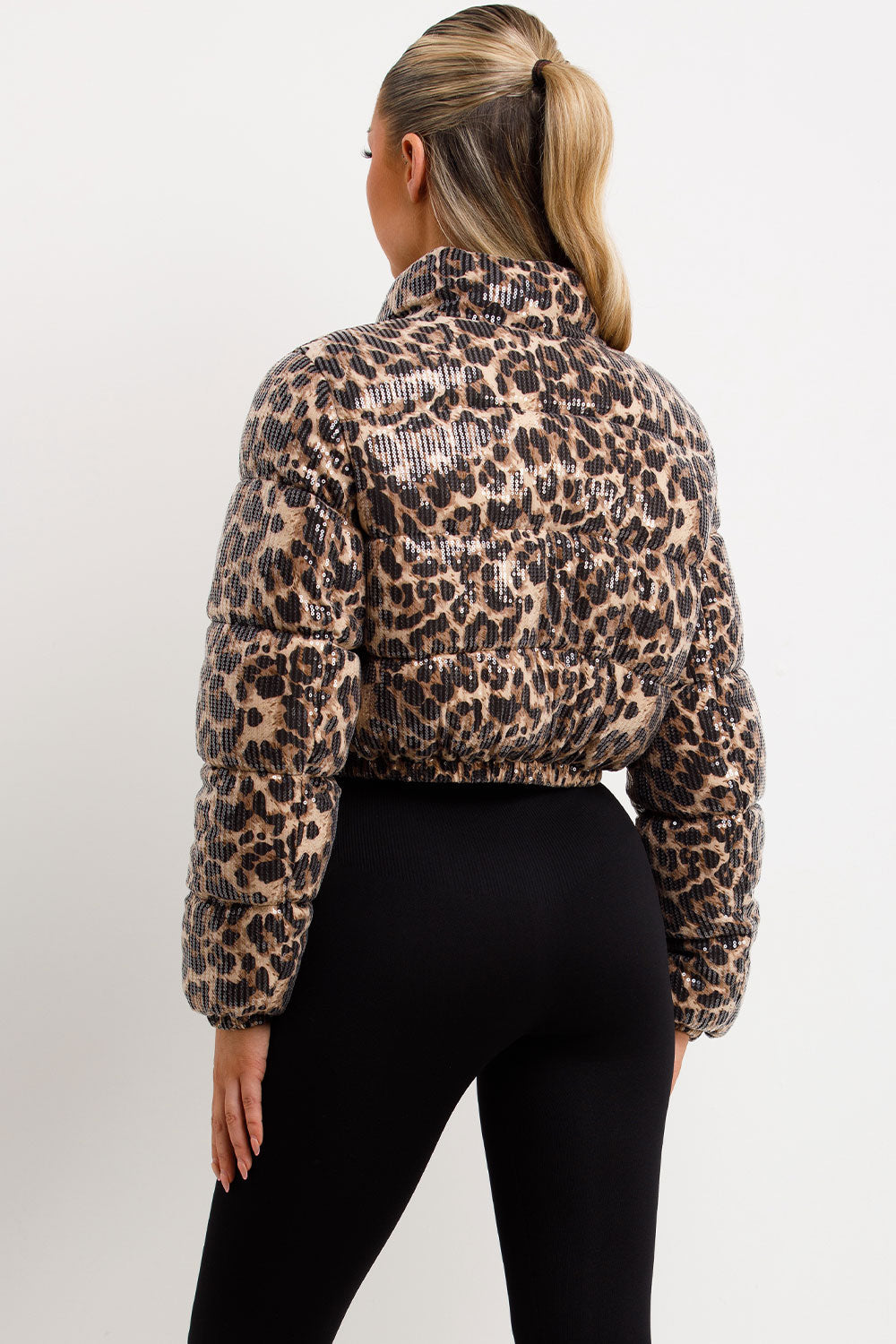 Leopard Print Crop Puffer Jacket Sequin Detail