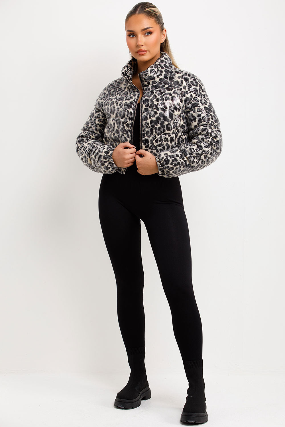 White Leopard Print Crop Puffer Jacket Sequin Detail