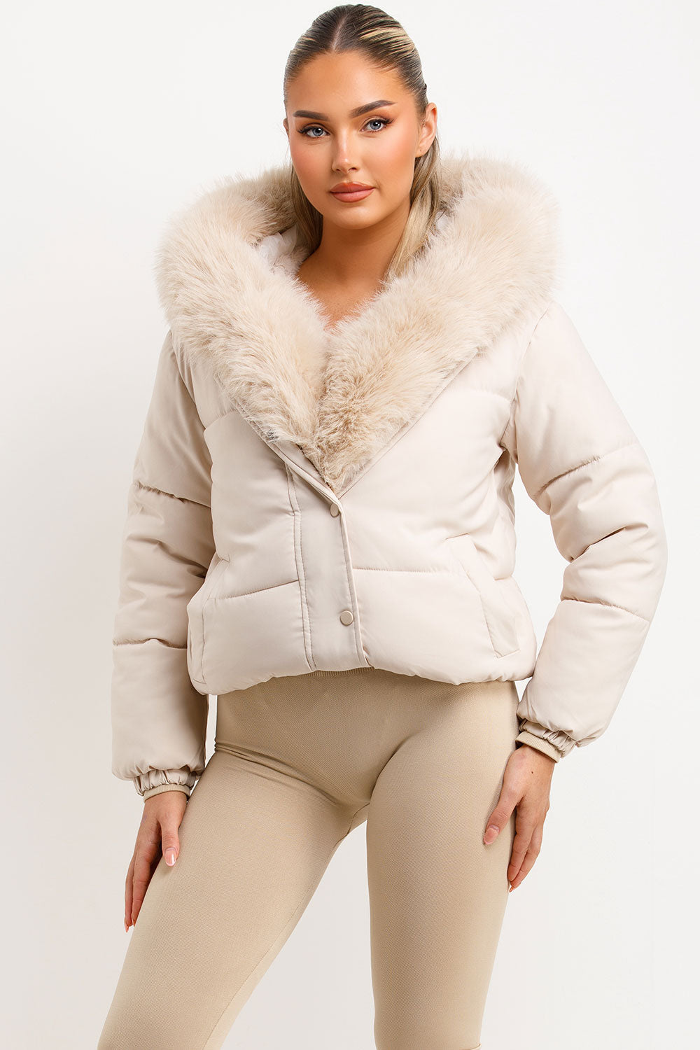 Bomber Jacket With Fur Hood And Trim Beige