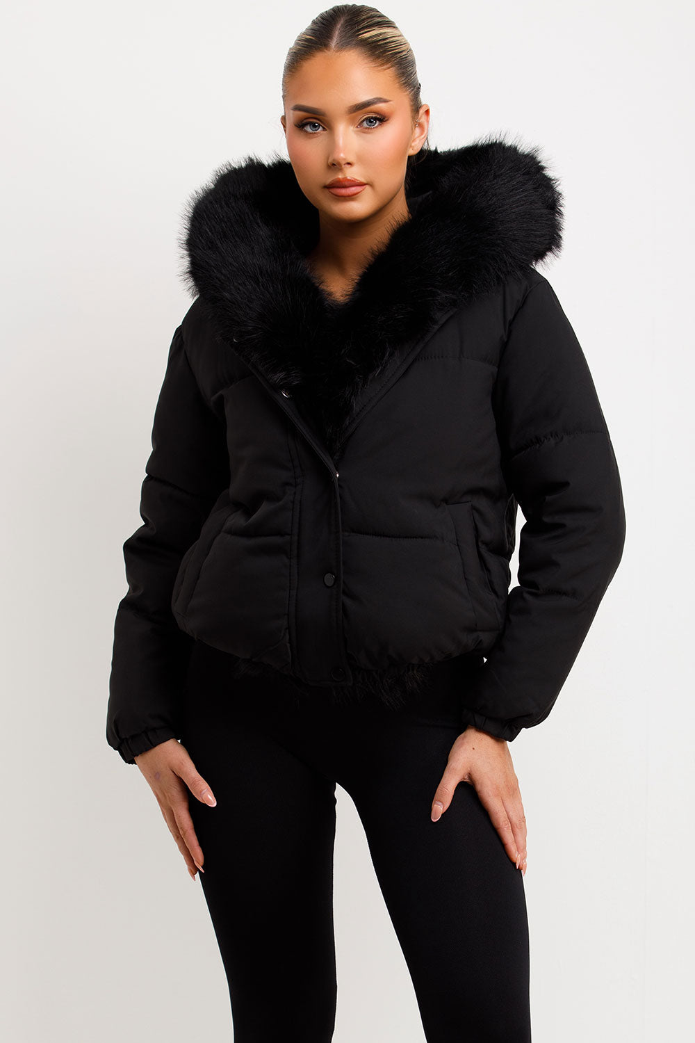 Bomber Jacket With Fur Hood And Trim Black