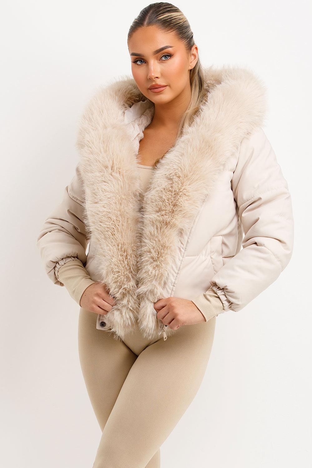 Bomber Jacket With Fur Hood And Trim Beige