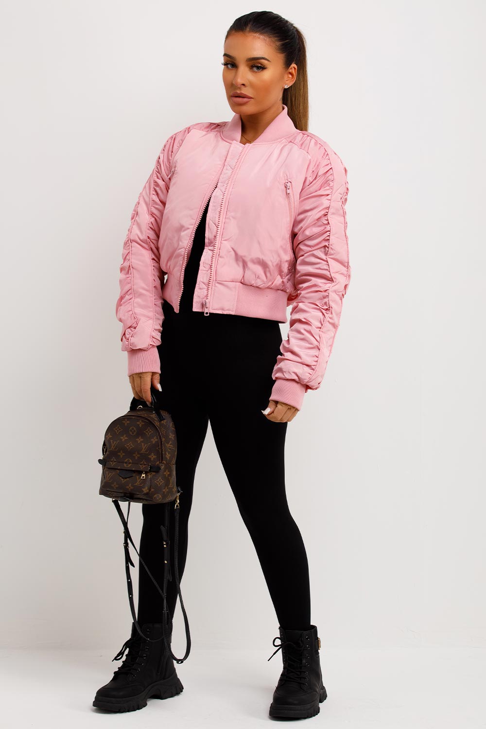 Bomber Jacket With Ruched Sleeves Pink