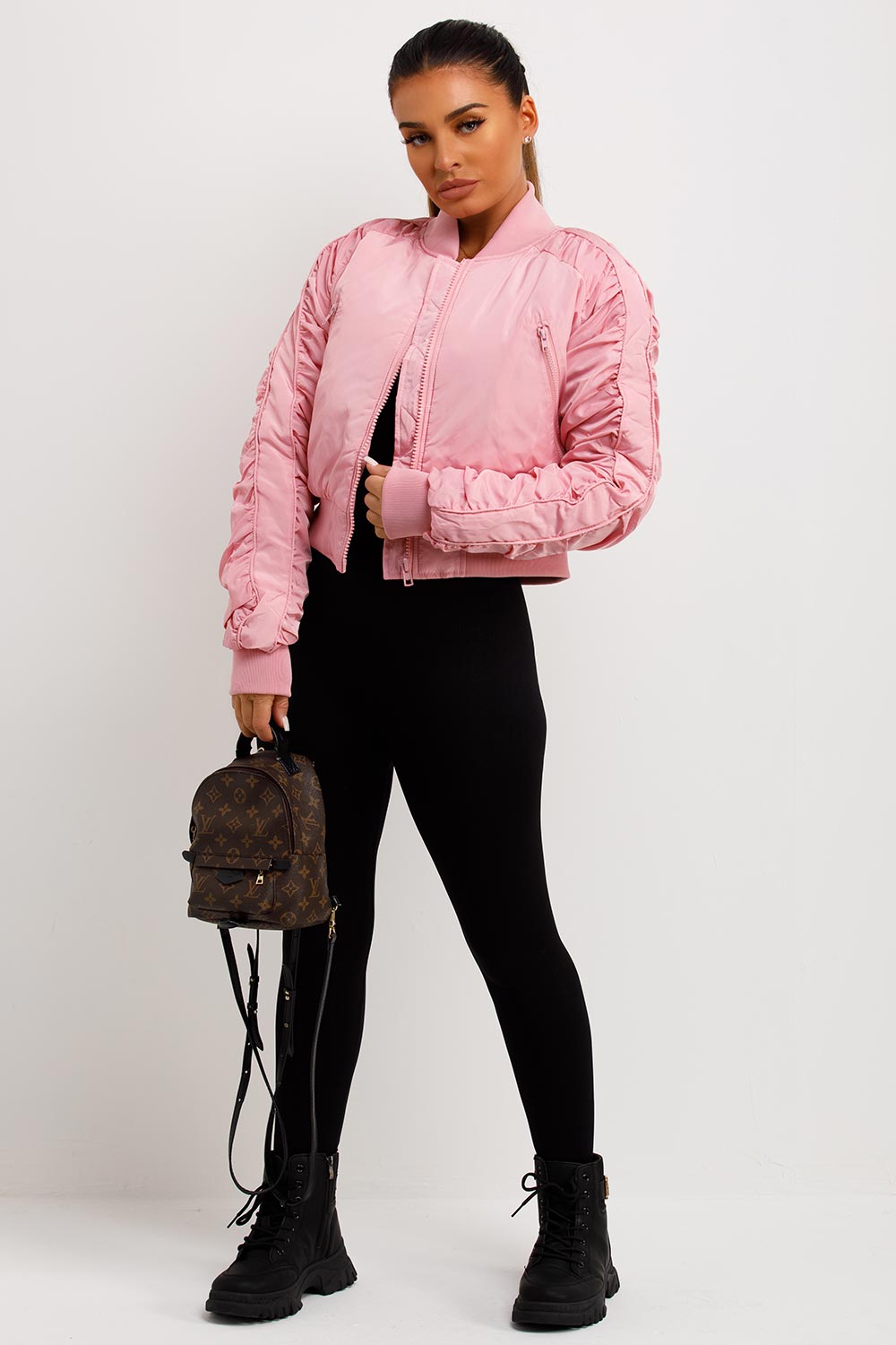 Bomber Jacket With Ruched Sleeves Pink