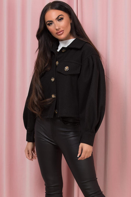 Black Cropped Shacket Jacket With Puff Sleeves