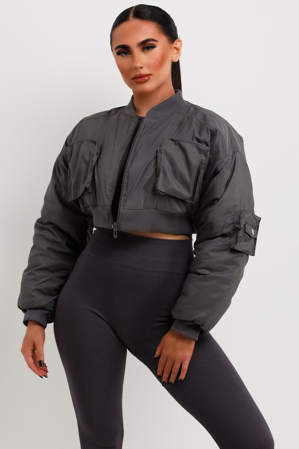 Crop Bomber Jacket With Pockets Grey